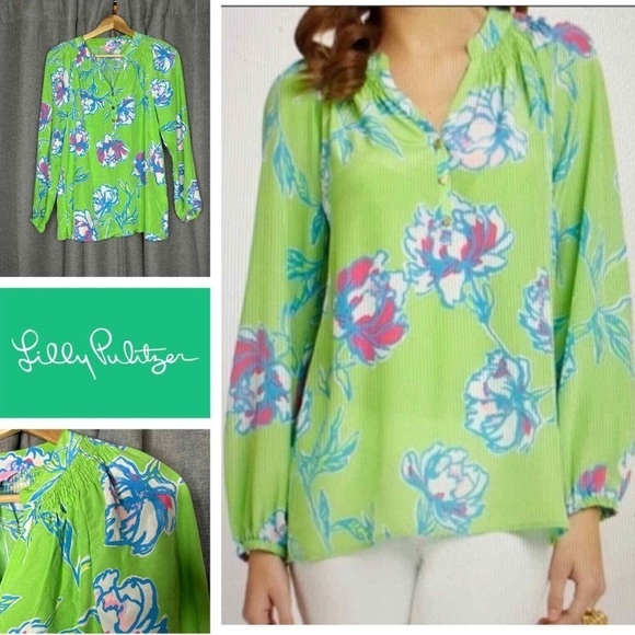 Lilly Pulitzer Elsa smocked 1/4 button down long sleeve V neck 100% silk blouse - Picture 8 of 8